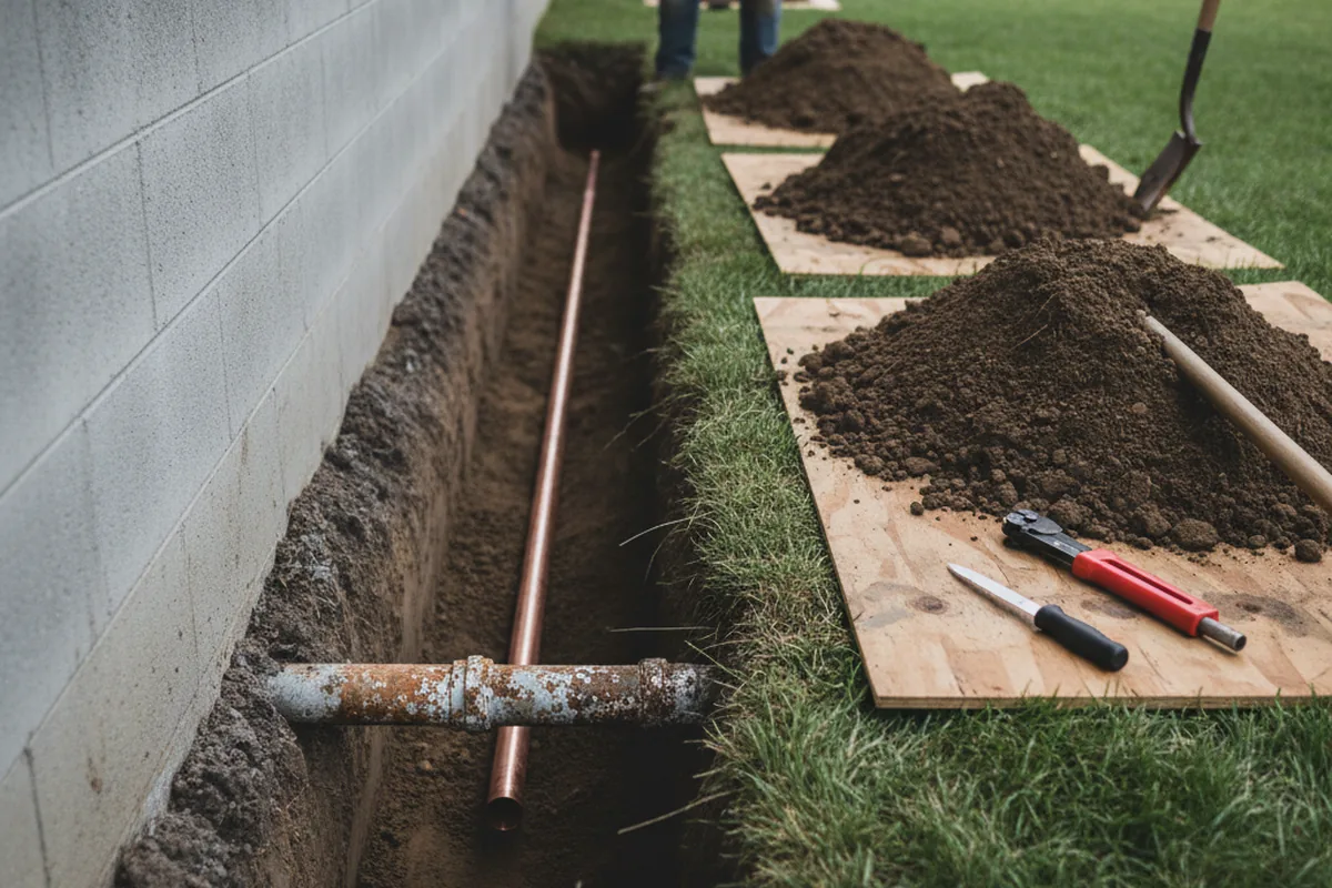 Excavated water line trench during Sewer Line Repair in Pendergrass